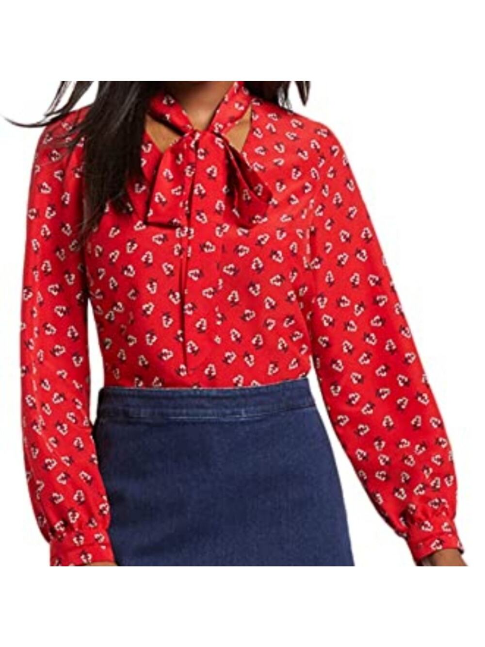 Draper James Floral Tie Neck Blouse Red Medium Floral Ditsy Long Sleeve Career